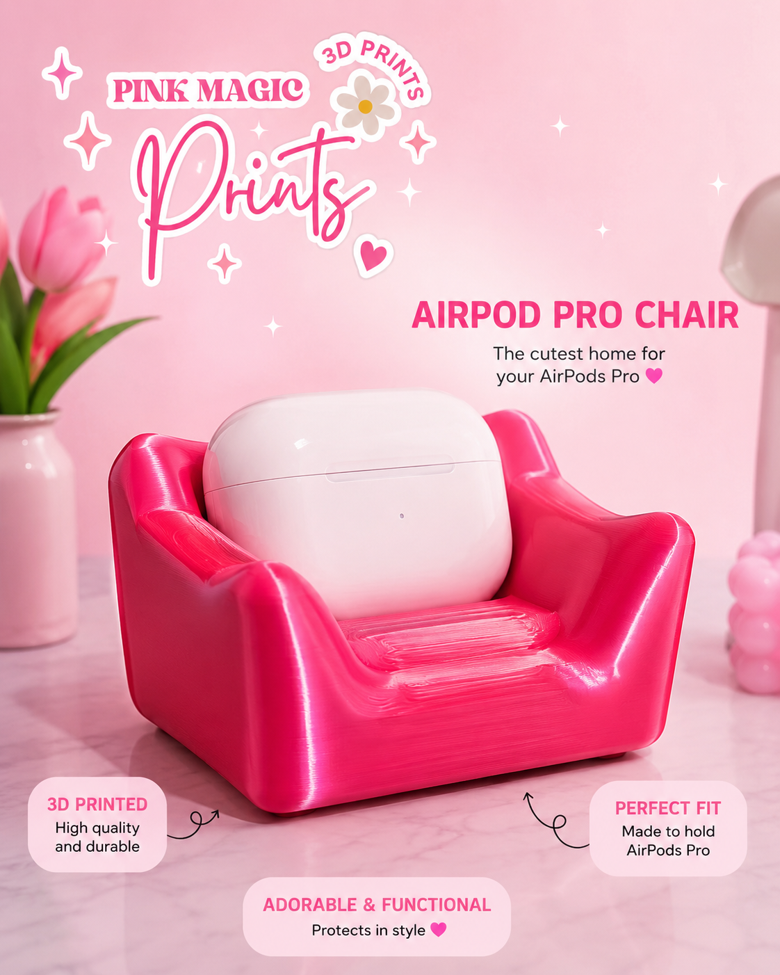 AirPods Pro Chair Holder – Cute 3D Printed Desk Decor & AirPods Case Stand | Pink Magic Prints